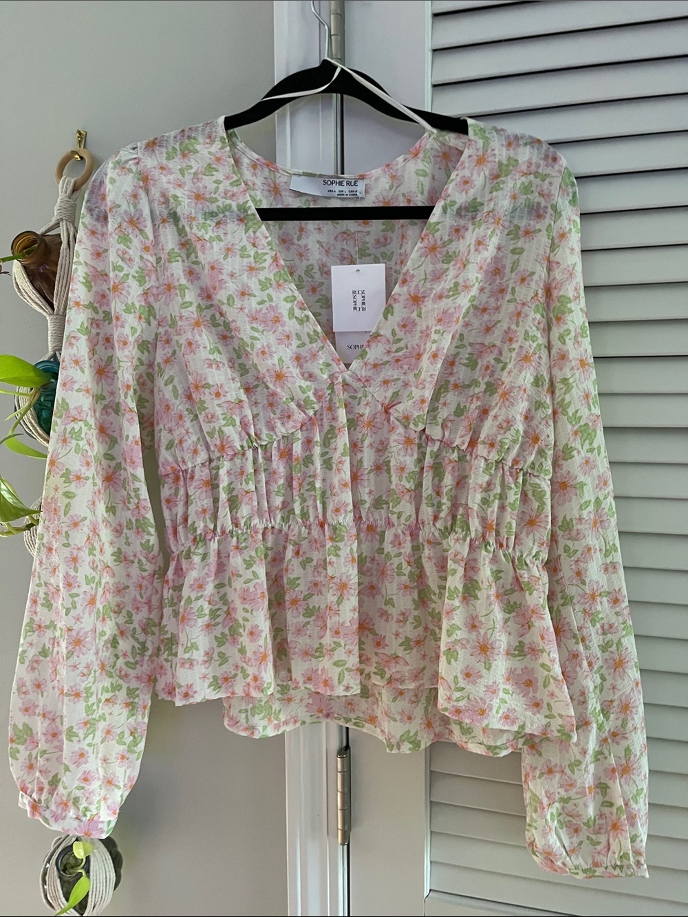 Sophie Rue Pink and Green Floral V-Neck Peplum Blouse